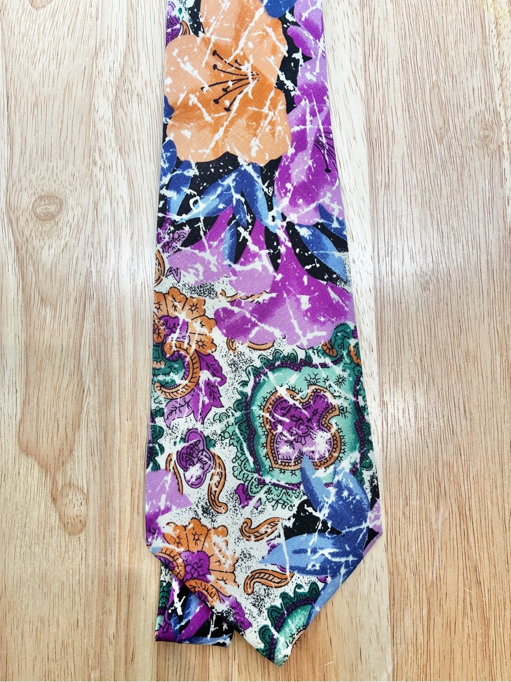 Men’s Vintage 90s Bella Nova Italian Silk Abstract Floral Tie with Purple Orange